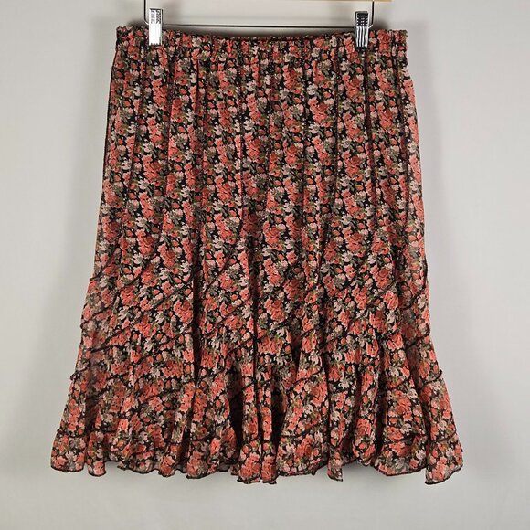 Dimri Black Pink Floral Ruffle Hem Skirt Elastic‎ Waist Boho Chiffon Lined M - Picture 1 of 8